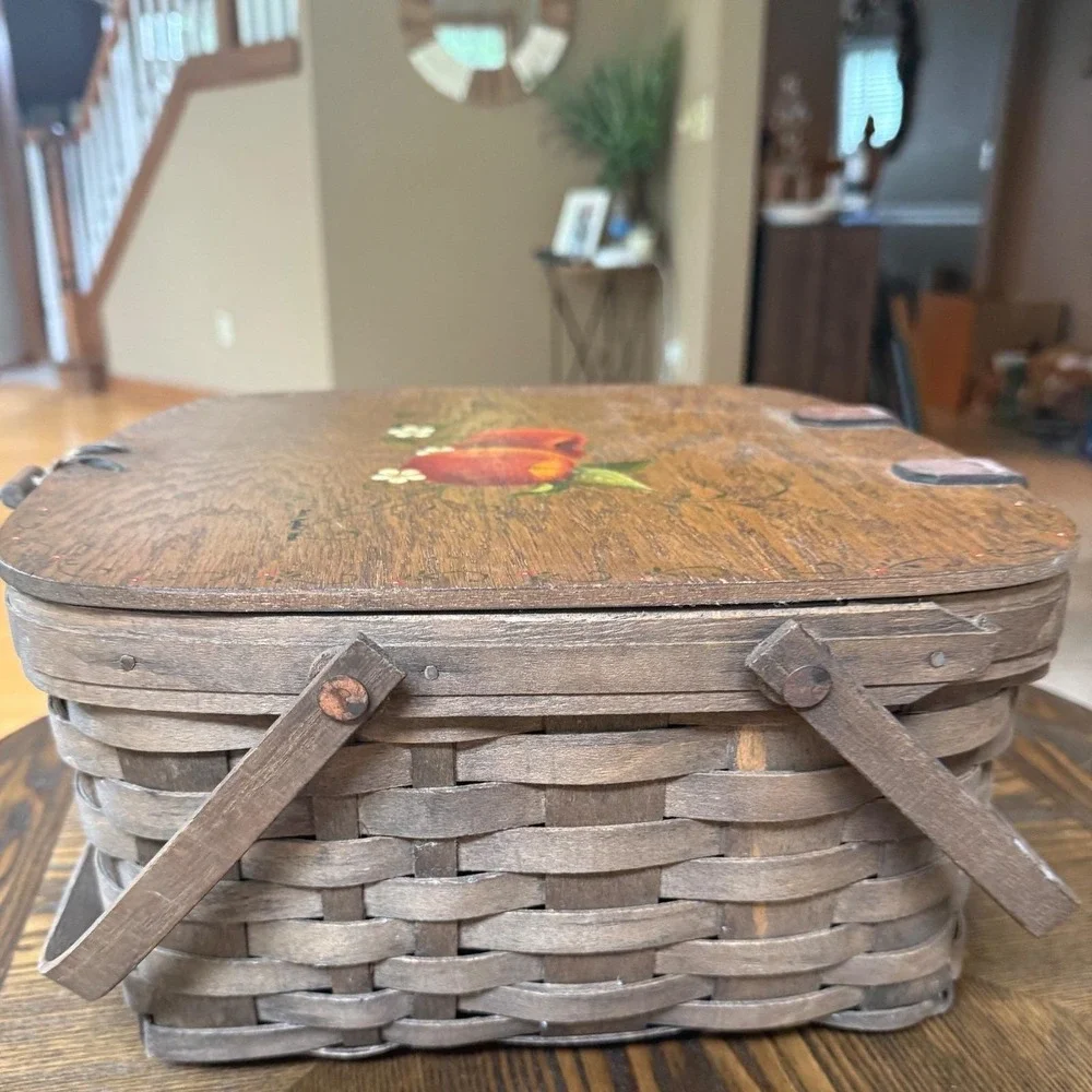 Vintage Apple Basket - Hand Painted Signed Beth Kankel 1981 Woven Picnic Basket